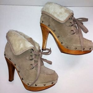 GUESS WOODEN Platform Stiletto BOOT SHOE TAN SUEDE LEATHER w/WHITE FUR S: 8 1/2